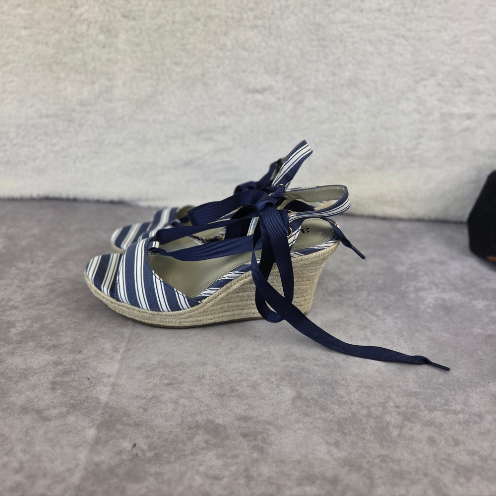 ana A New Approach Navy White Striped Espadrille Wedge Ribbon Tie Sandals Size 9